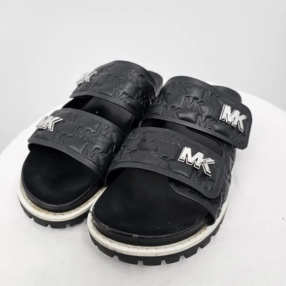Michael Kors MK Logo Double Strap Slide Sandals Black 6M | Chunky Sole - Picture 2 of 7